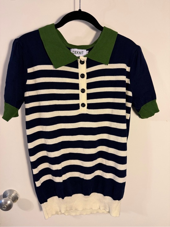 OXKnit Tops - OXKNIT Navy & White Striped Polo with Green Collar Small NWT